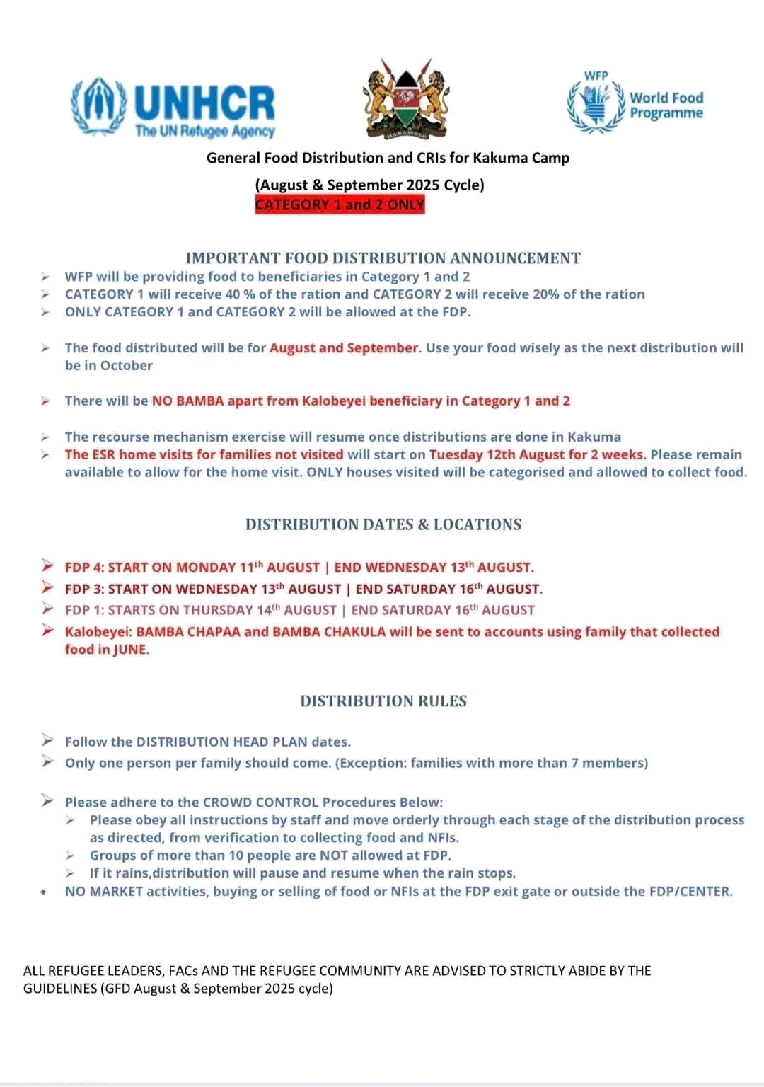 Ration distribution schedule for Kakuma.