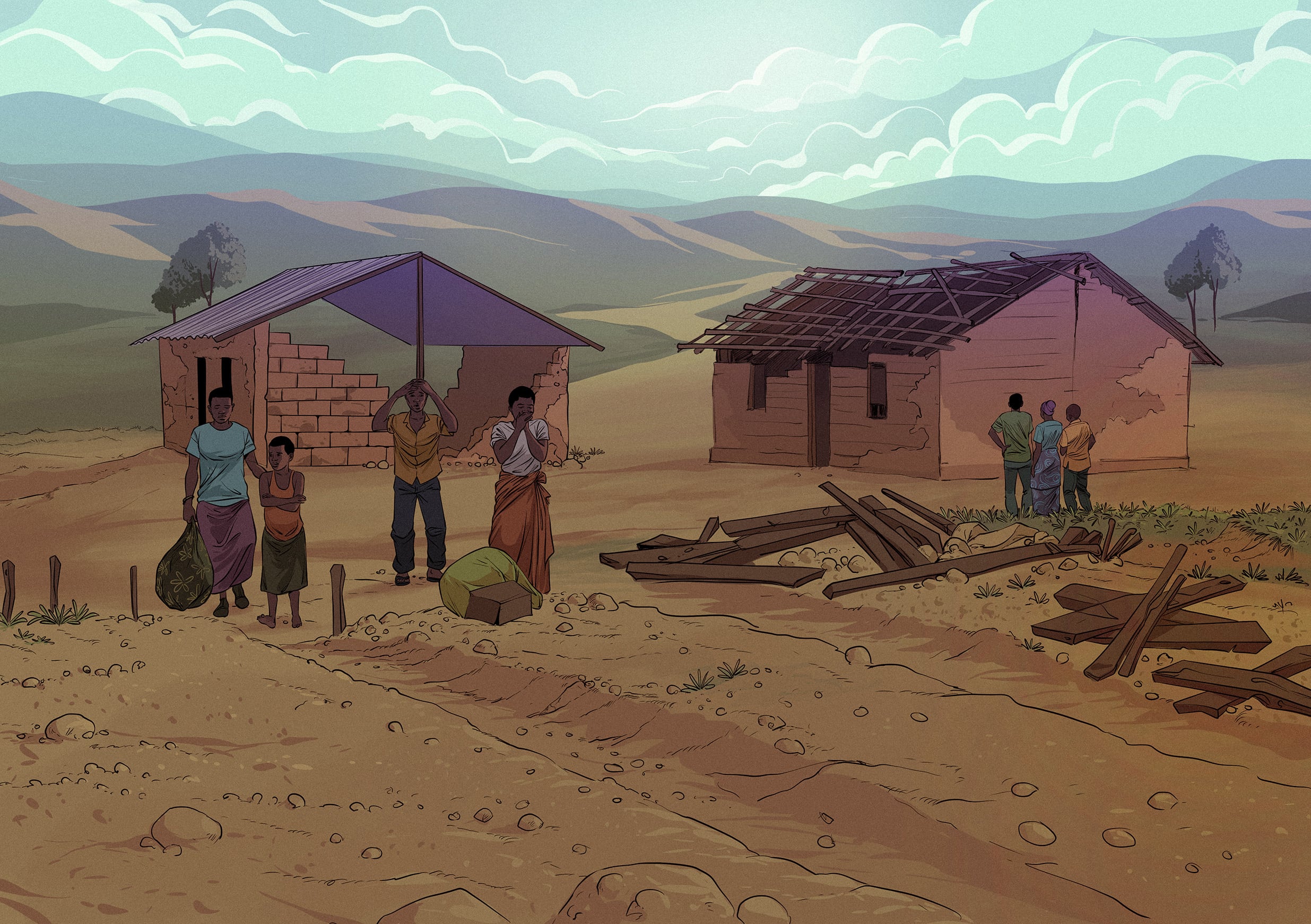 Displaced people return back to a damaged home in this illustration by an artist whose name has been withheld for security reasons.
