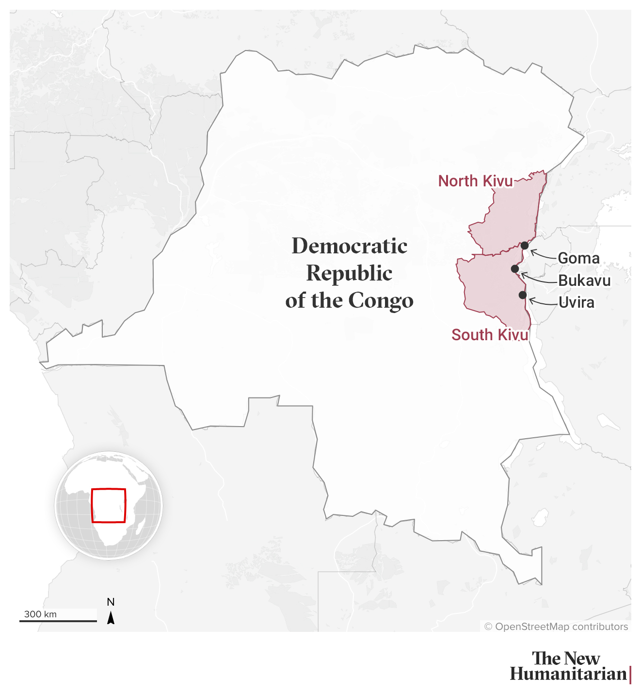 A map showing the Democratic Republic of the Congo. In the east, the provinces of North and South Kivu are highlighter in red. There are locator dots for the cities of Goma, Bukavu, and Uvira.