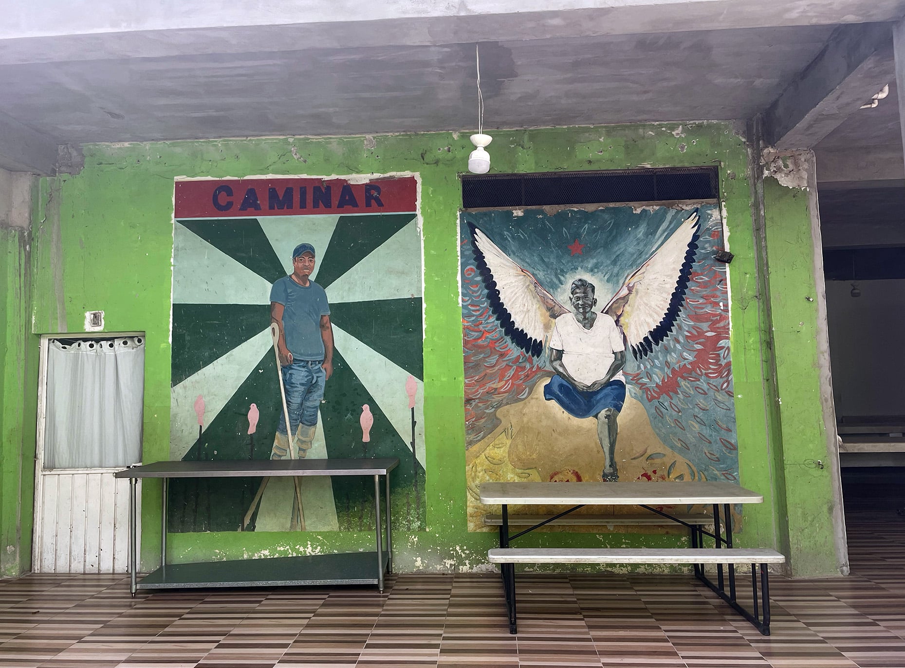 Murals depicting migrants injured trying to hop on the network of trains known as La Bestia in the Jesús el Buen Pastor shelter in Tapachula.