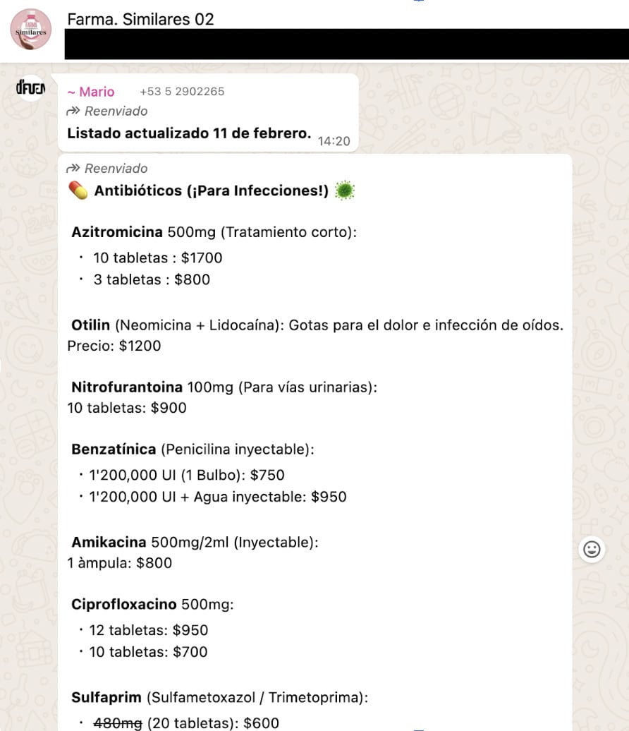 A screenshot of a WhatsApp chat showing various medicines and their prices.
