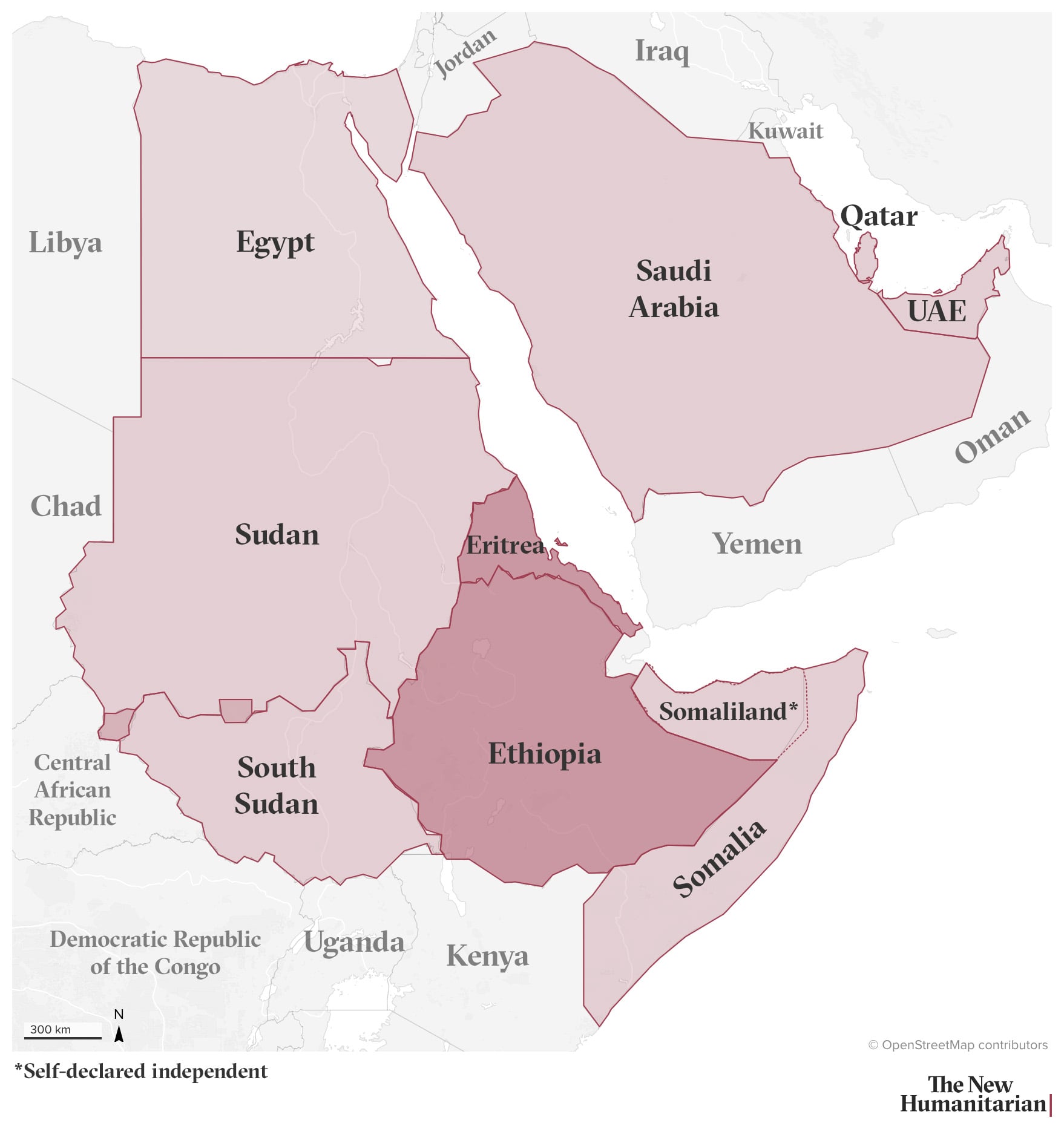 A map showing Sudan, South Sudan, Ethiopia, Eritrea, Somaliland, Somalia, Saudi Arabia, the UAE, and Qatar.