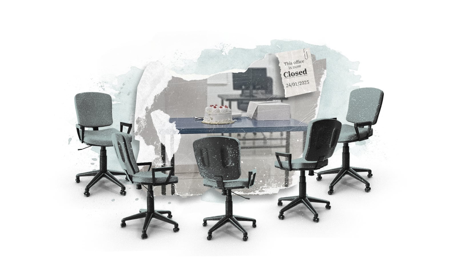 A collage style illustration showing a set of office chairs around a blue table. 