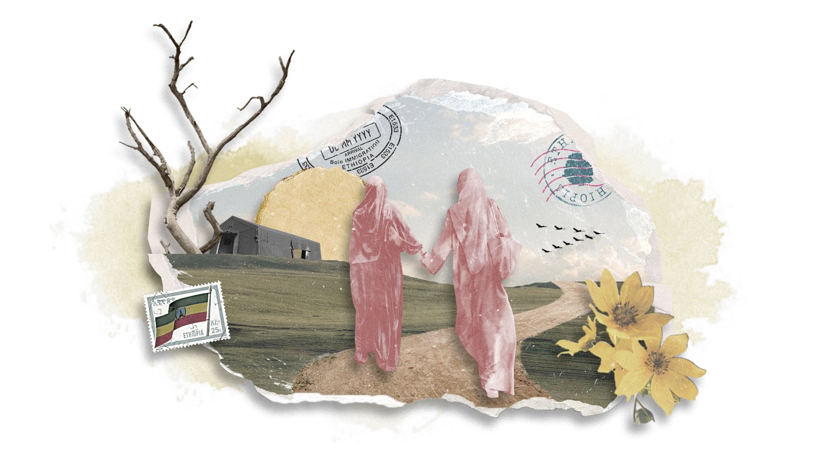A collage style illustration showing two women walking through a field. There are flowers in the bottom right, and a stamp with the Ethiopian flag on the bottom left.