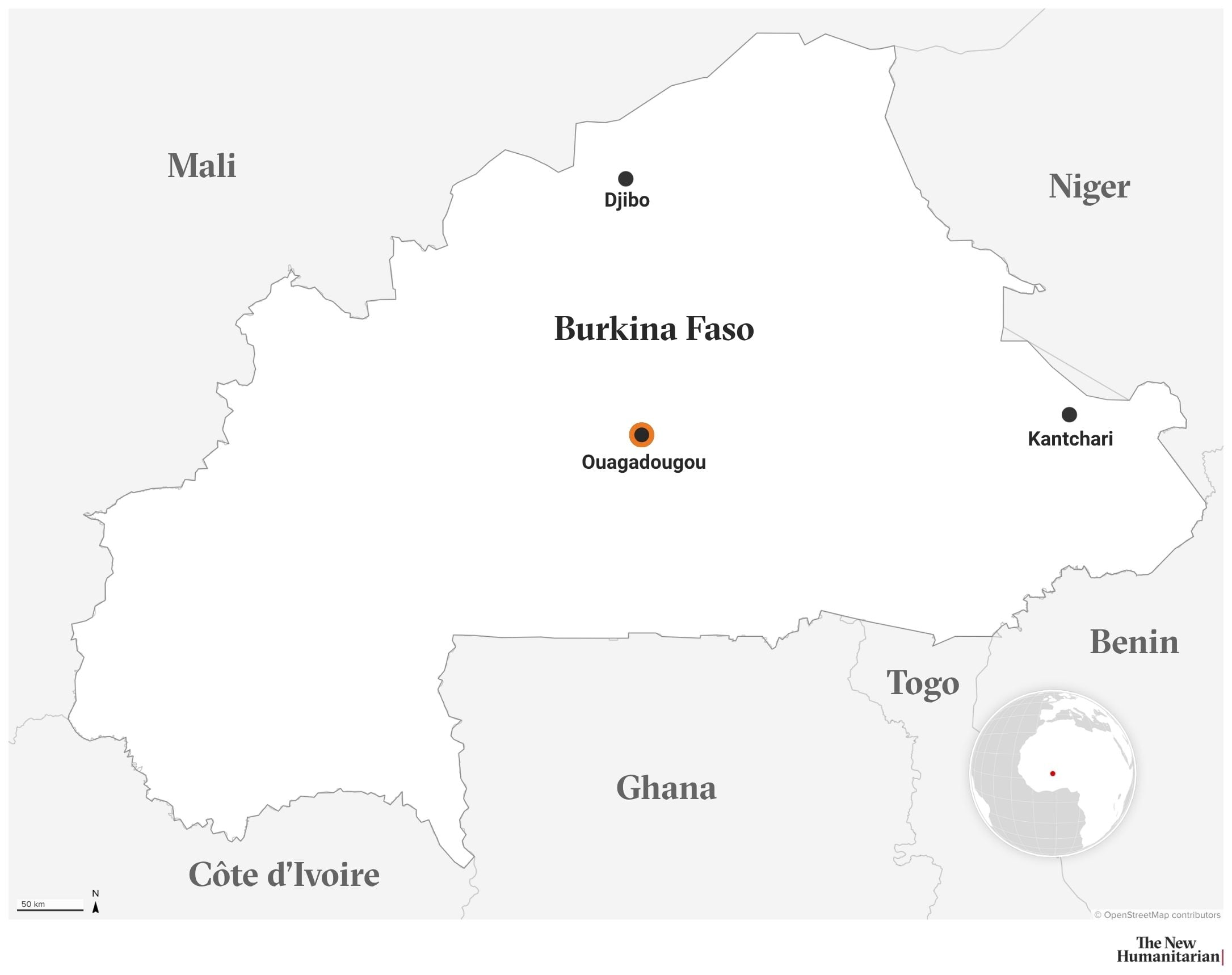 Map of Burkina Faso and surrounding countries in West Africa. Burkina Faso is outlined in white, bordered by Mali to the northwest, Niger to the northeast, Benin to the southeast, Togo and Ghana to the south, and Côte d’Ivoire to the southwest. Ouagadougou, the capital, is marked near the center with an orange circle. Djibo is marked in northern Burkina Faso, and Kantchari is marked near the eastern border with Niger. An inset globe highlights Burkina Faso’s location in West Africa.