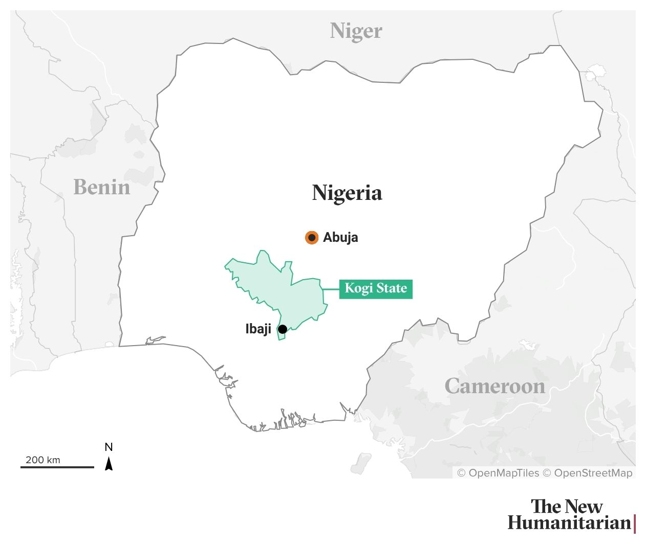 A map of Nigeria with the area of Koji State highlighted in green and locator dots in Ibaji and the capital, Abuja.