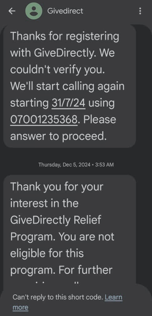 A screenshot from a text from GiveDirectly indicating that a candidate is not eligible for a program.