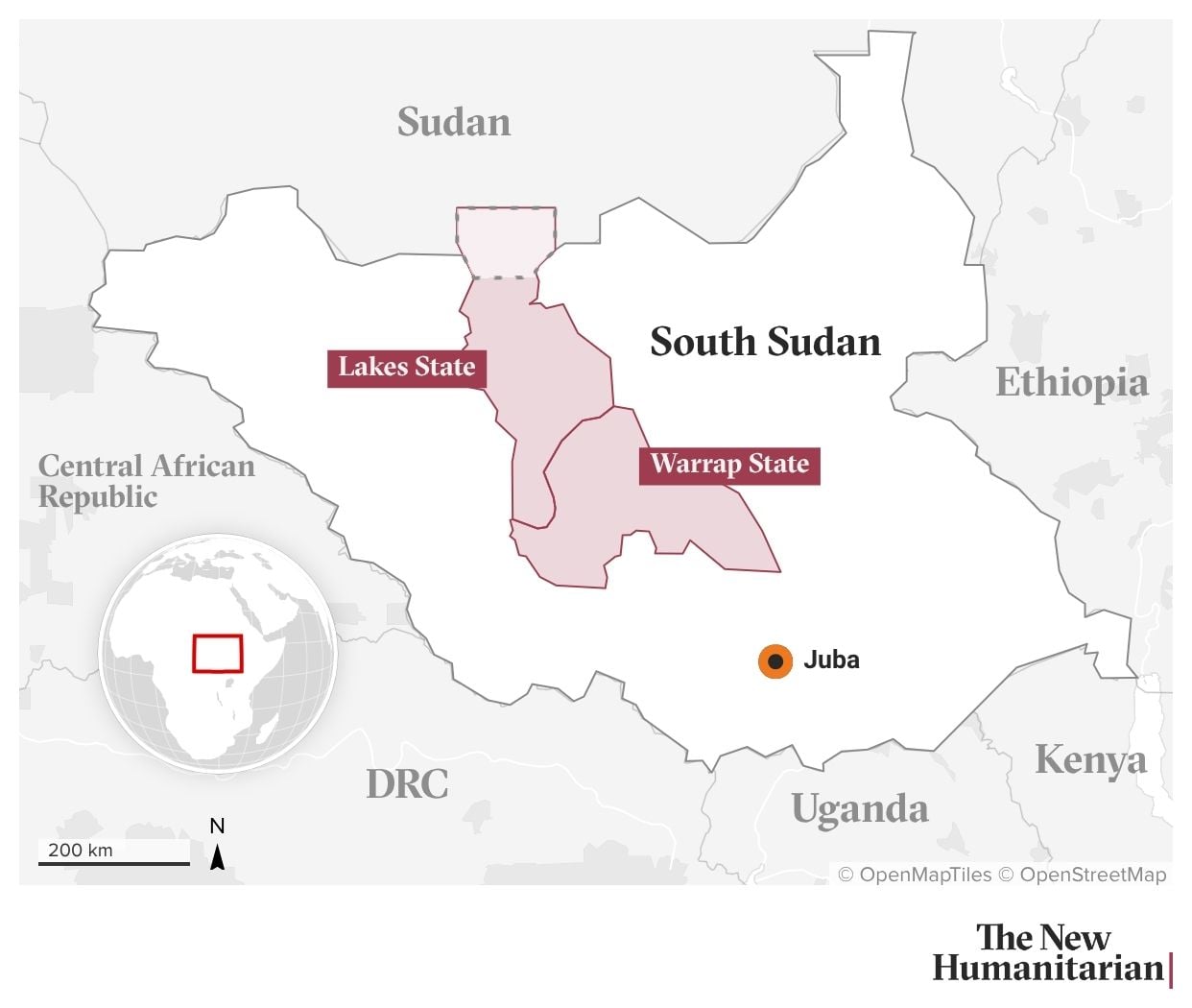 A map of South Sudan. The districts of Lakes and Warrap are highlighted and labeled along with the capital, Juba.