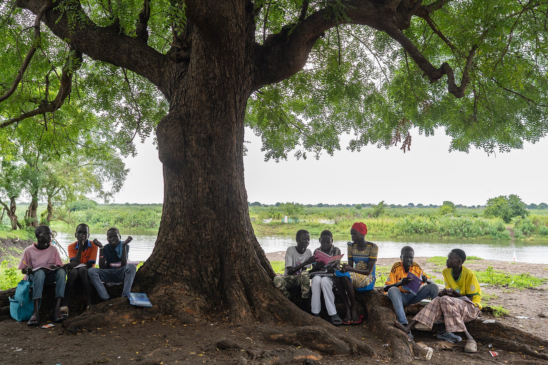 Students in class under a tree