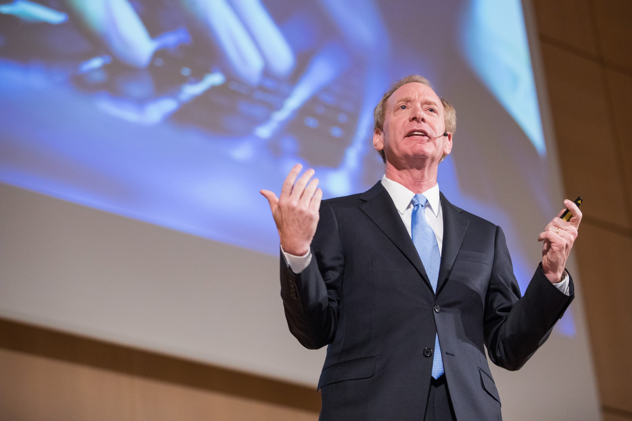 Microsoft President Brad Smith speaking at the UN in Geneva in November 2017