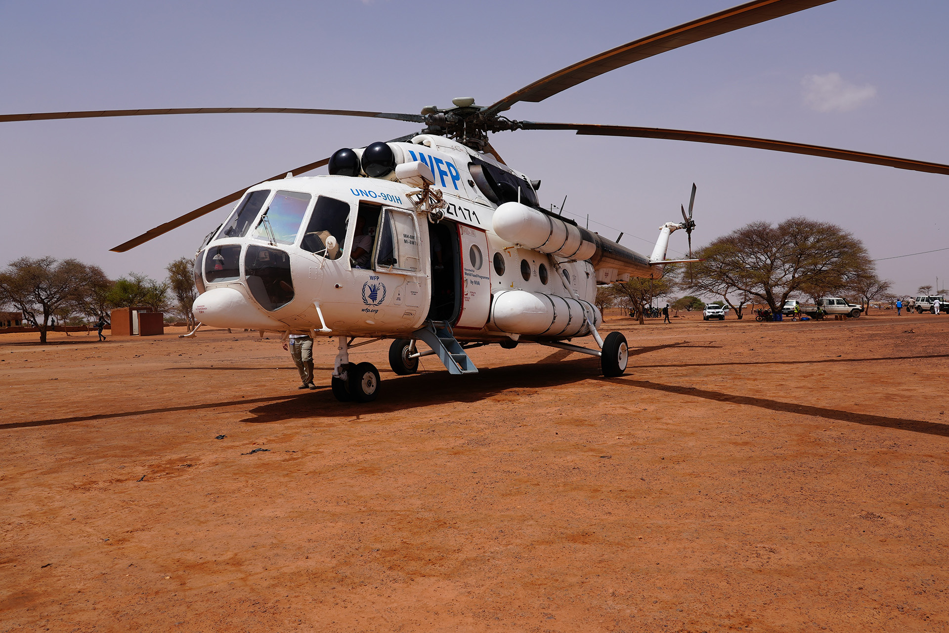 A UN helicopter used to carry people and supplies across the country. Air transportation is increasingly required as attacks force aid workers off main roads. 