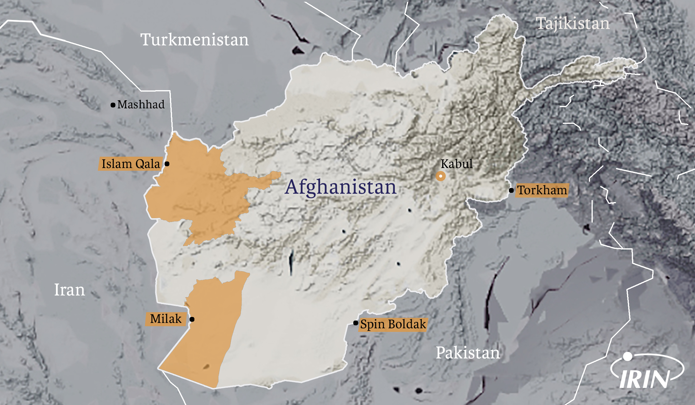 Map of Afghanistan and Iran showing border crossings of Spin Boldak, Milak, Islam Qala, and Torkham as well as the Iranian city of Mashhad.