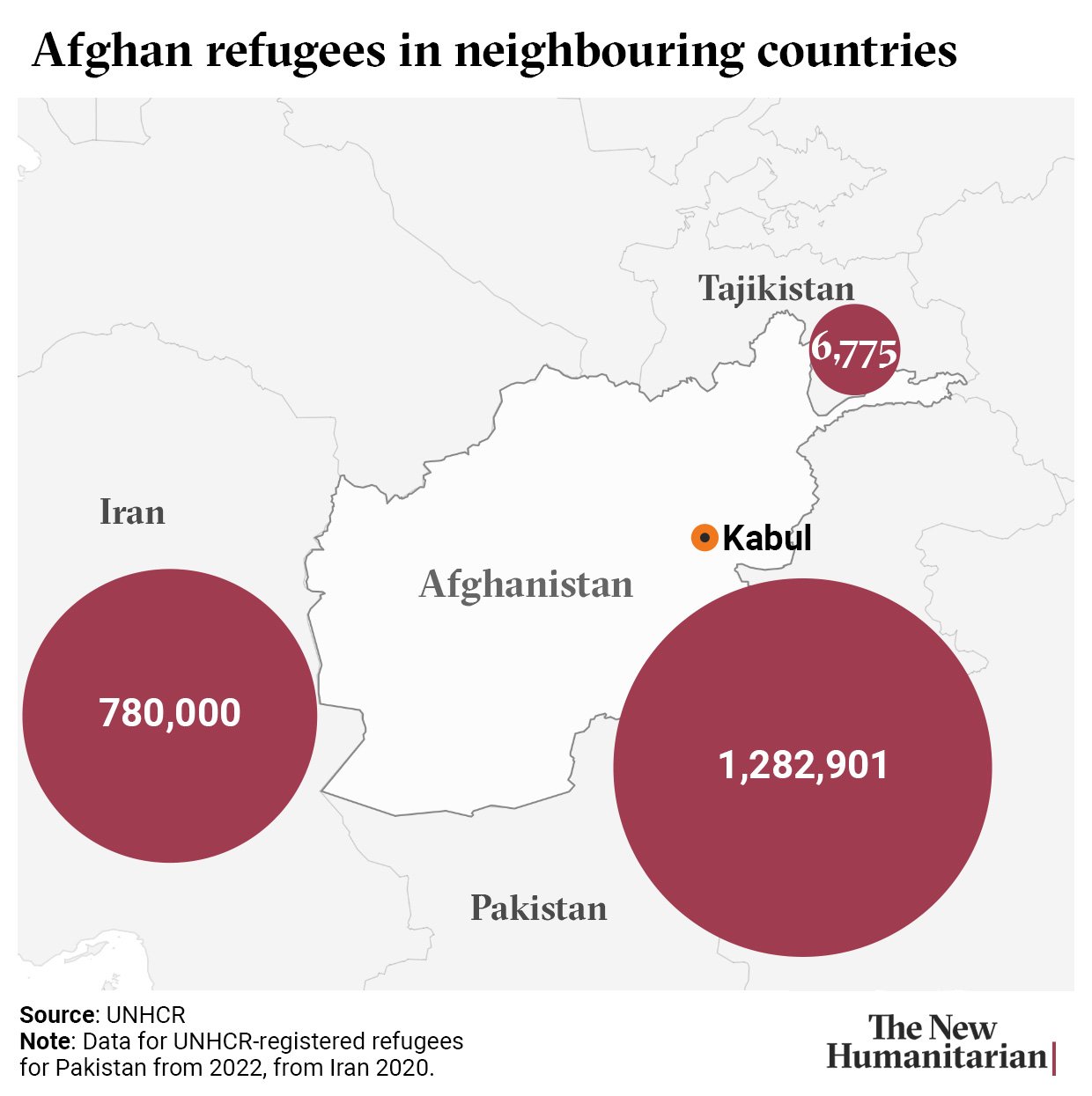 A map showing Afghanistan and refugees in Iran and Pakistan.