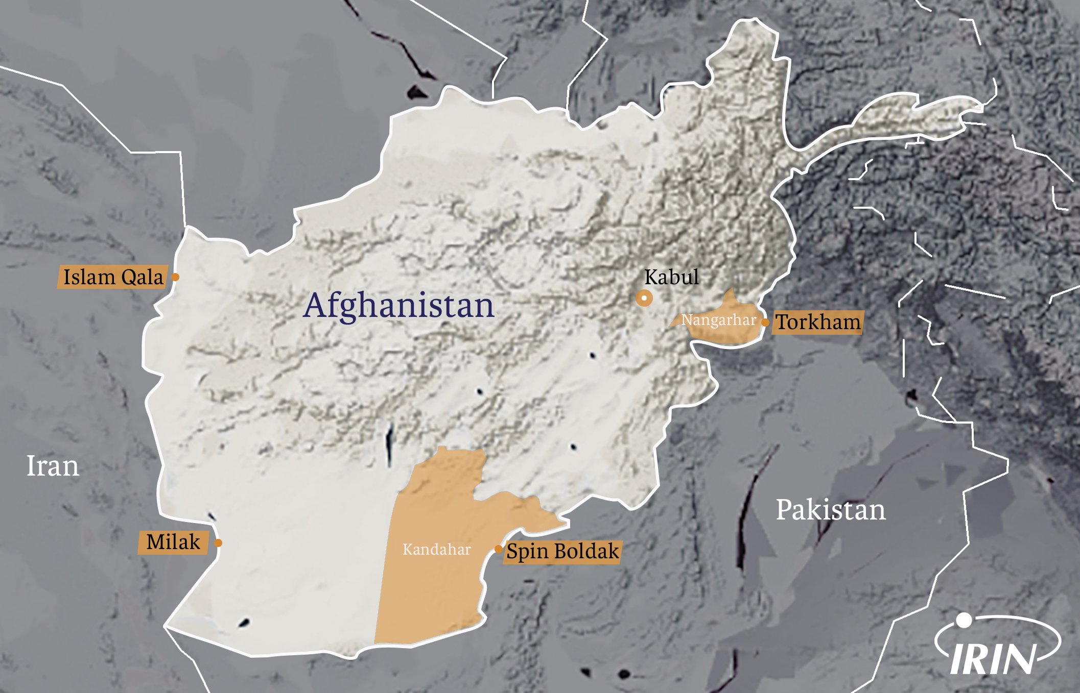 Map of Afghanistan featuring Nangarhar and Kandarhar Provinces as well as prominent border crossings