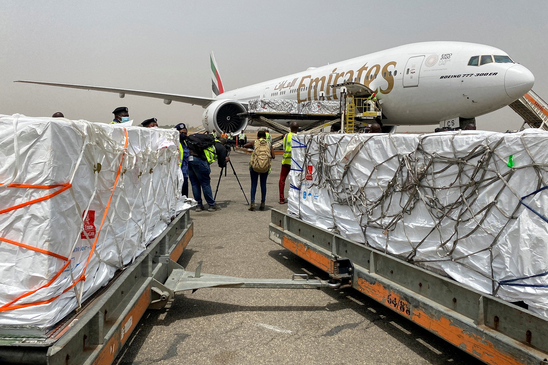 Nigeria's first batch of Oxford/AstraZeneca vaccines arrives at the international airport in Abuja on 2 March, 2021.