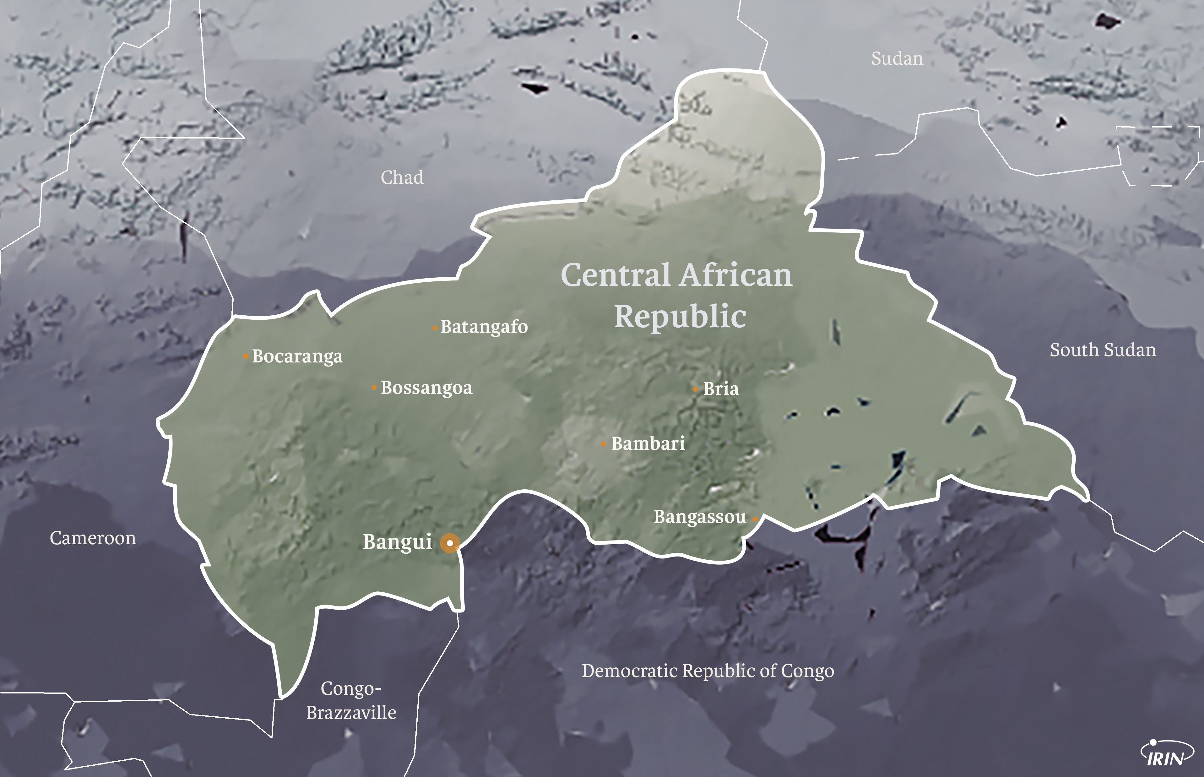 A map of Central African Republic featuring Bangui, Bangassou, Bria, Bambari, Bossangoa, Batangafo, and Bocaranga.