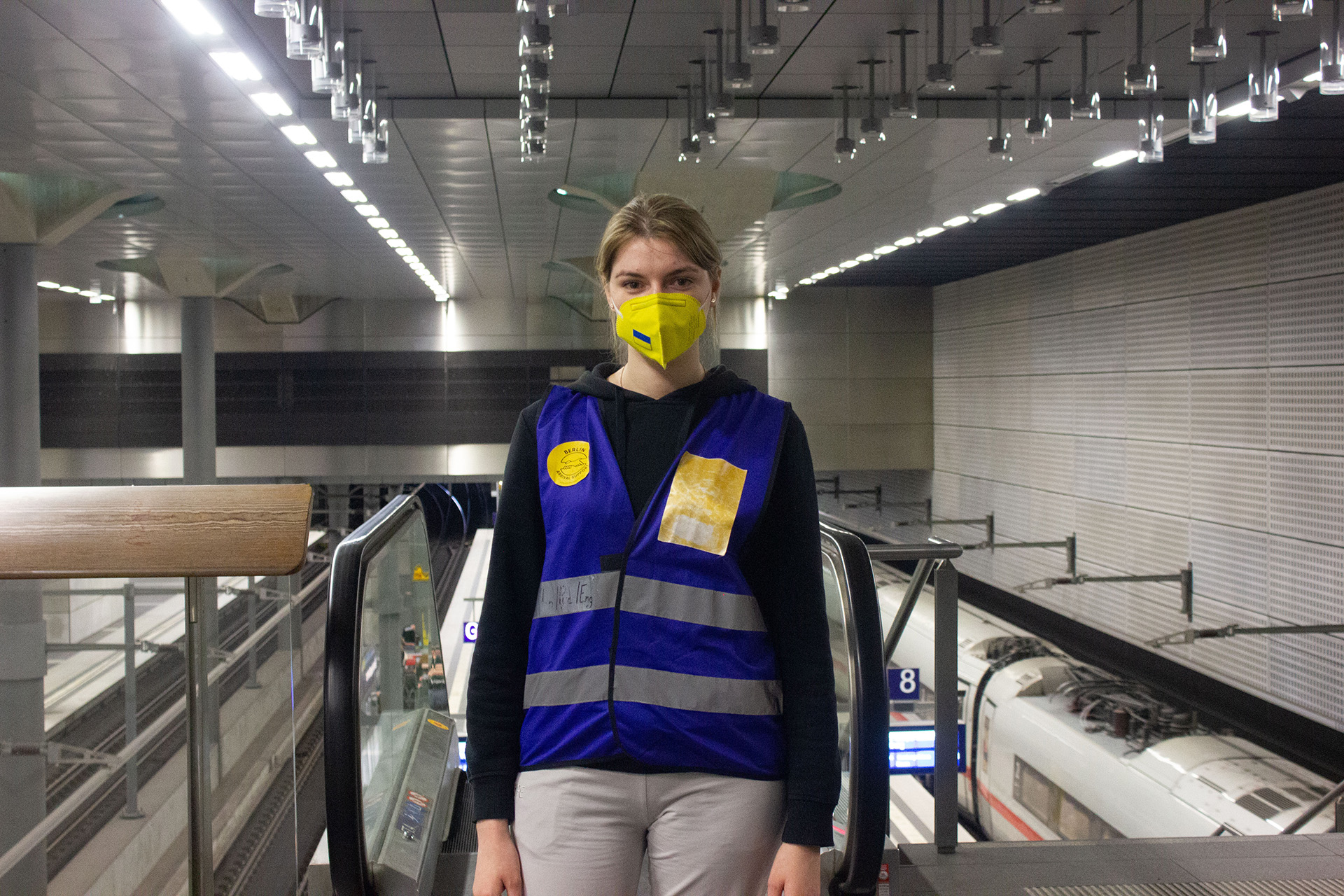 Anna Zamaraiva, from the Ukrainian port city of Odessa, at Berlin’s Central Train Station where she was volunteering to help other refugees on 21 June.