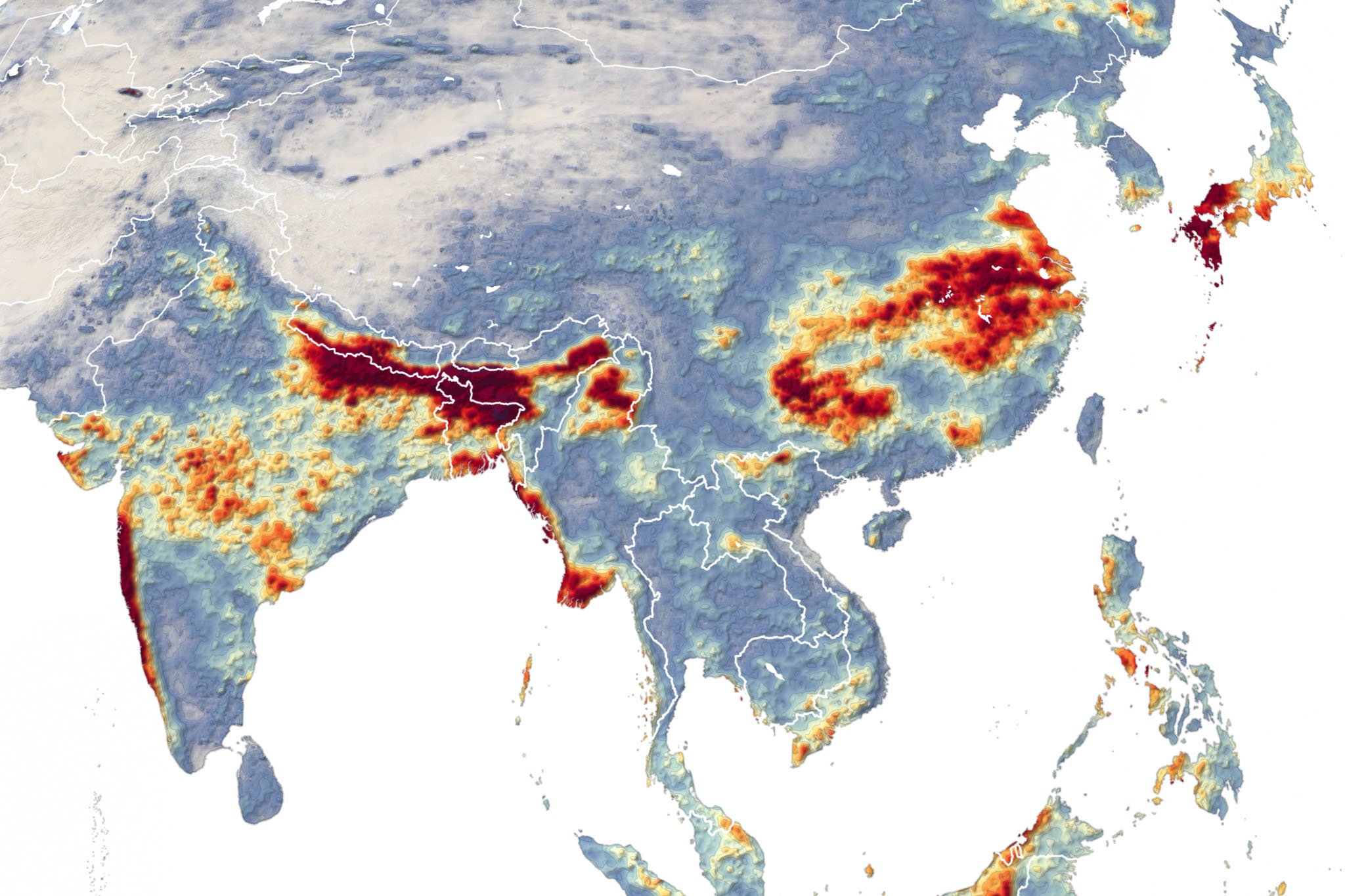 A map showing storms across Asia.