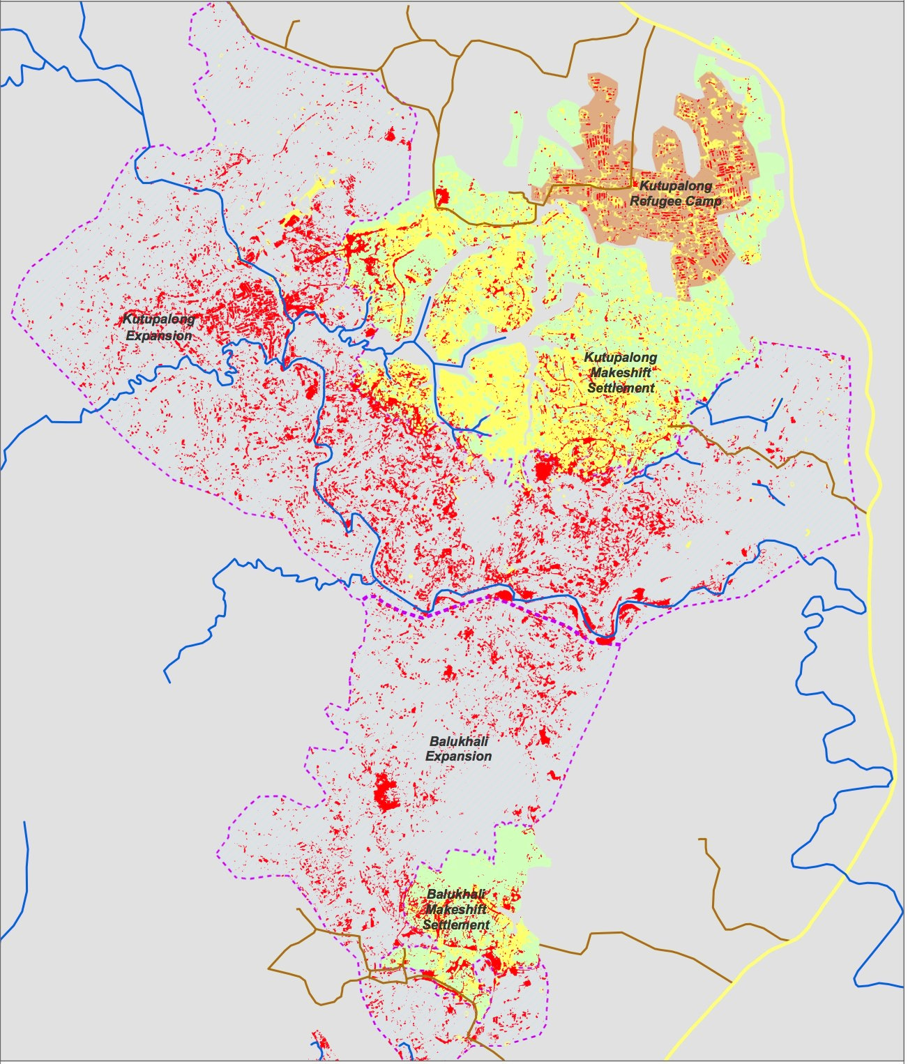 Map of Kutupalong and Balukhali makeshift settlement before and after 25 August 2017 influx.