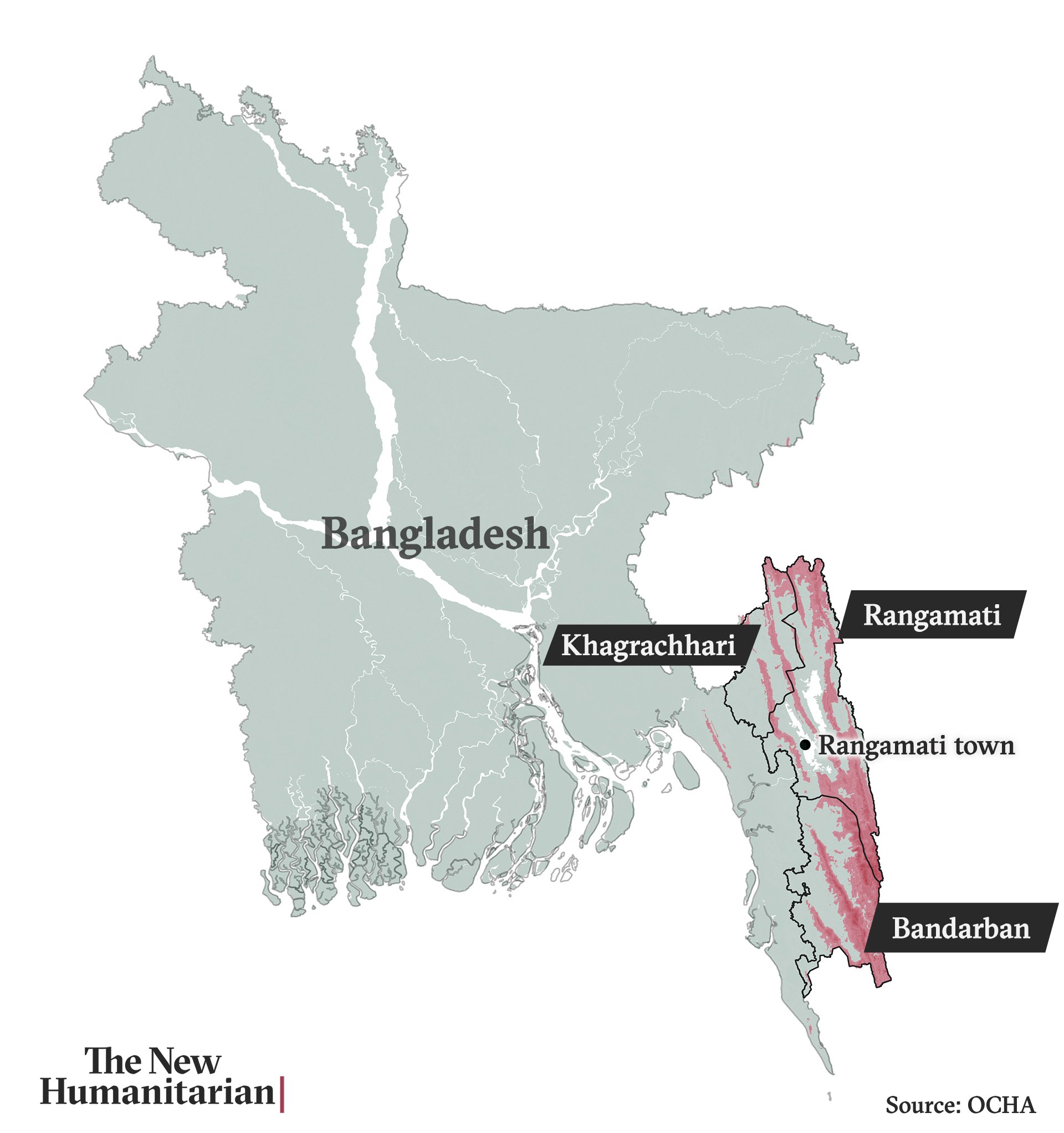 Map of Bangladesh showing hills of Chittagong, Rangamati, Khagrachhari, and Bandarban landslide risks.