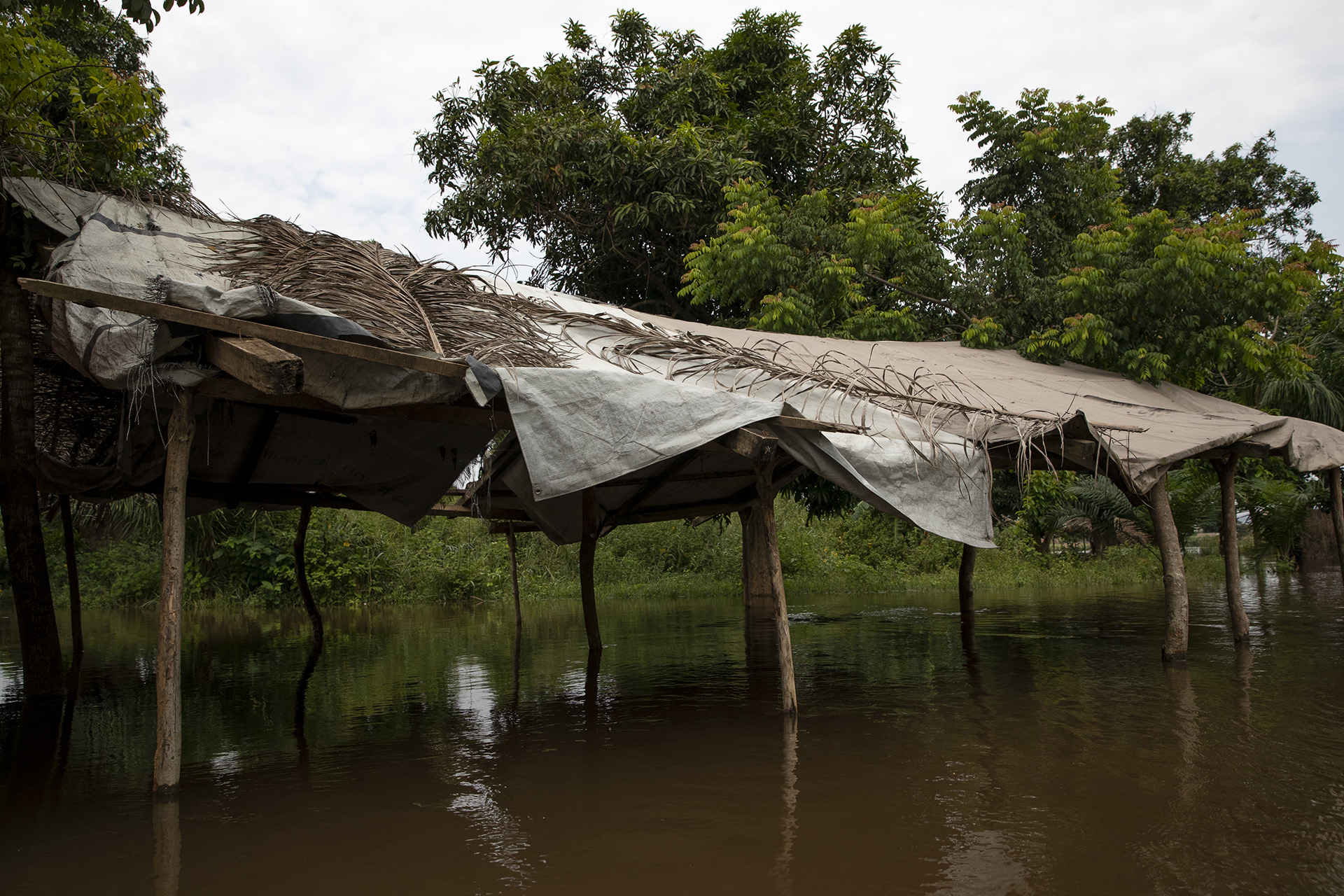 Three hundred children used to attend the school of Île aux singes, located in the middle of Oubangui River. The mud brick walls have completely fallen. No inhabitants remain on this island, where all has been flooded.