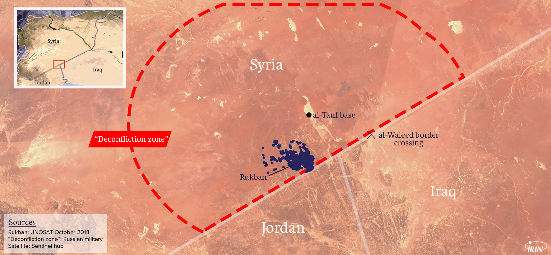 Map of Syria, Iraq, and Jordan border showing At Tanf, al Waleed and Rukban camps