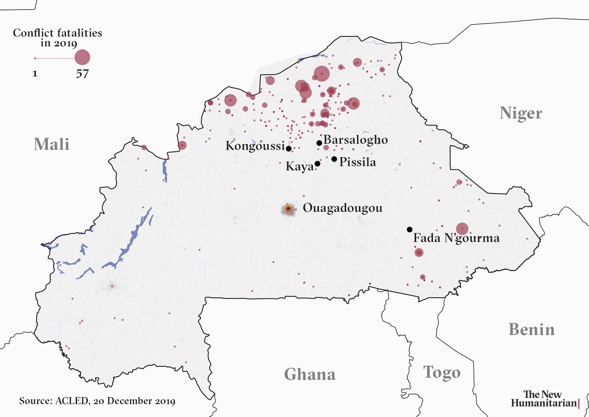 A map of Burkina Faso and part of the Sahel showing conflict related fatalities and the towns of Barsalogho, Kaya, Pissila, Kongoussi, and Fada N'gourma.