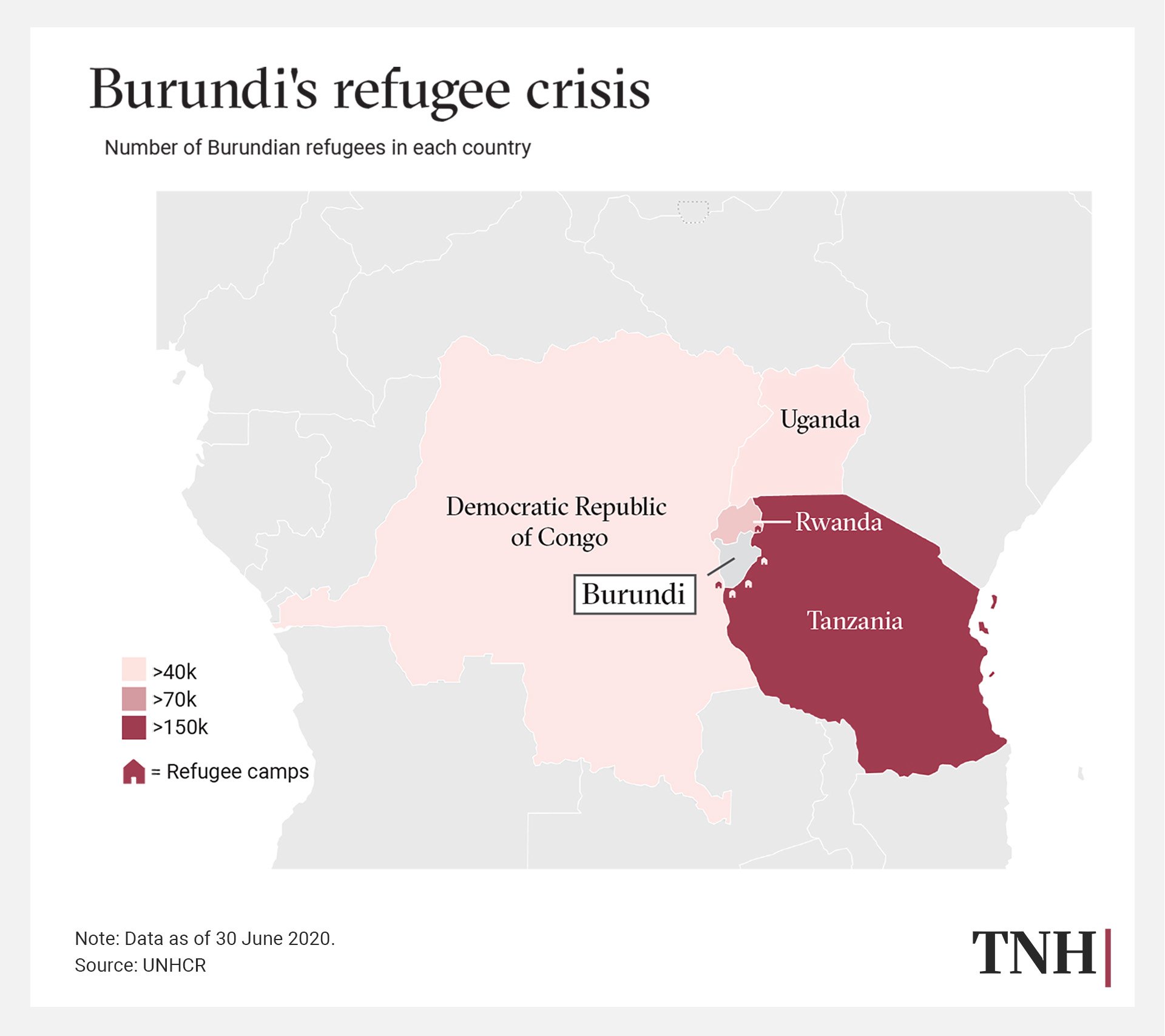 A map showing the number of refugees from Burundi in neighbouring countries, Tanzania having over 150 thousand.