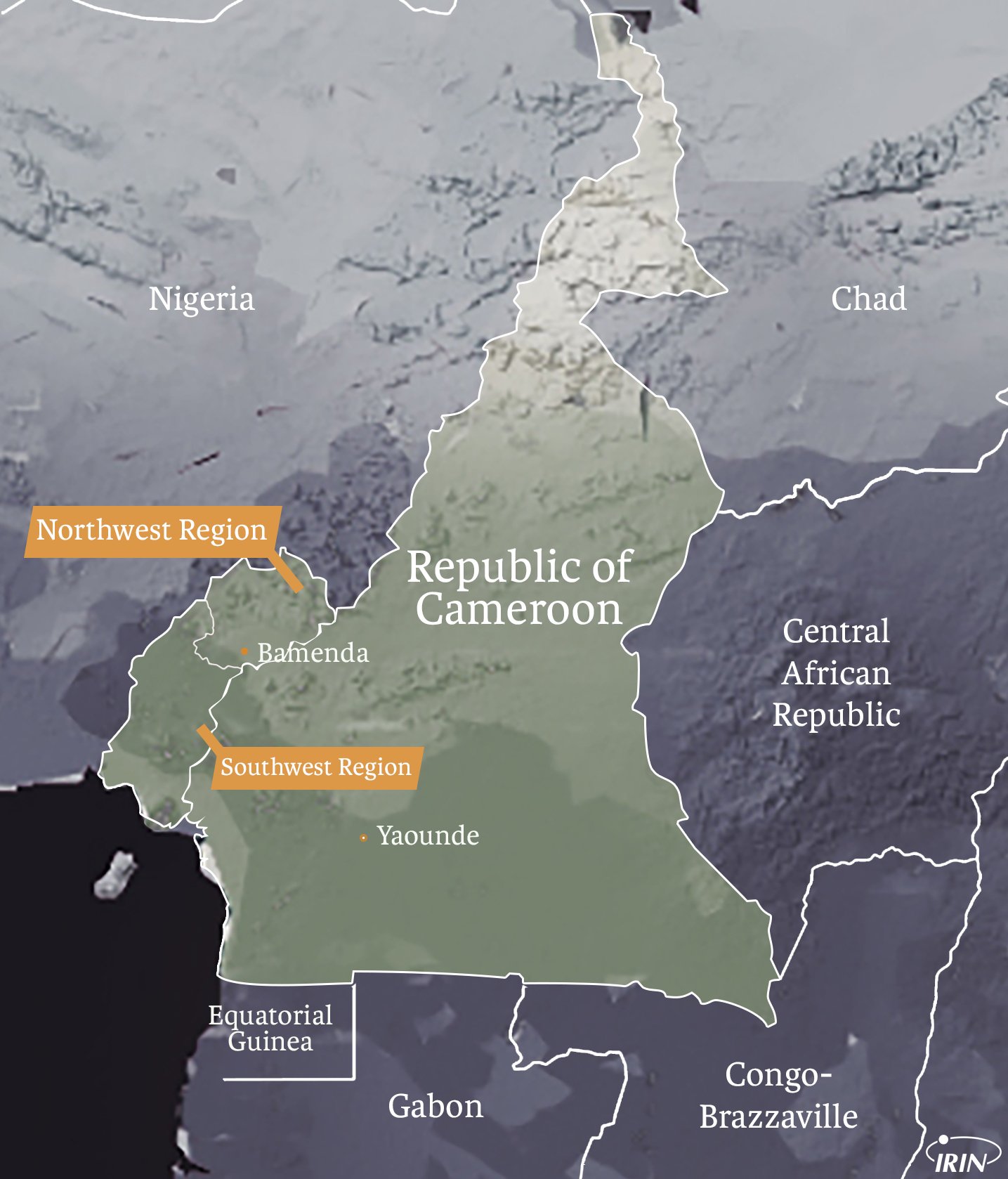 Map of Cameroon featuring the Northwest and Southwest regions