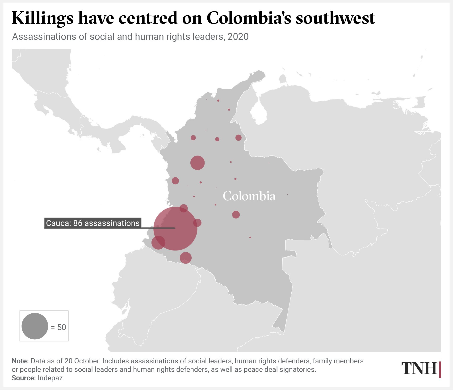 Data visualisation showing social leader assassinations in Colombia