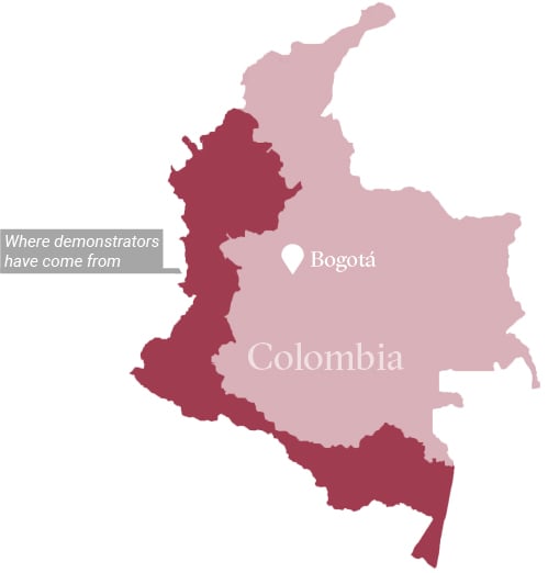 Map showing where demonstrators in the Indigenous protests in Colombia are coming from