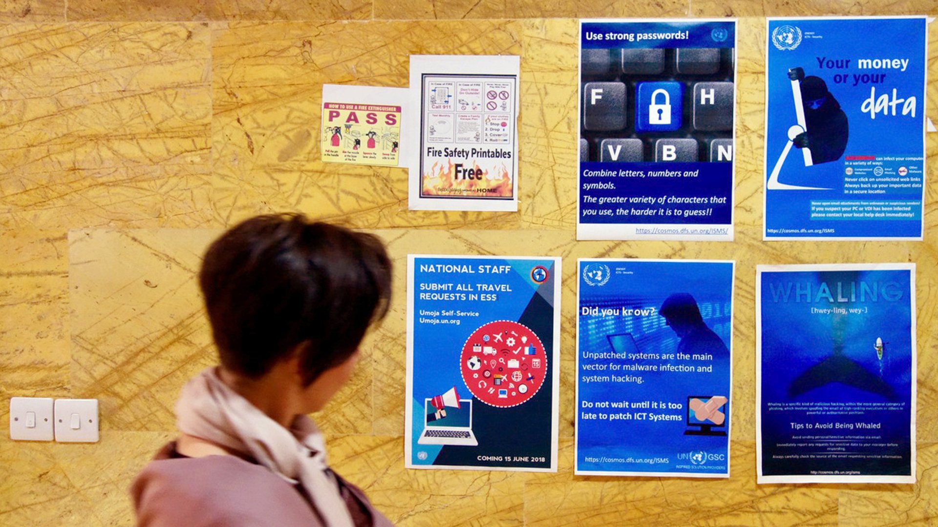 Posters about cyber security in the office of the UN Special Envoy for Yemen in Amman, Jordan, 9 January 2020.