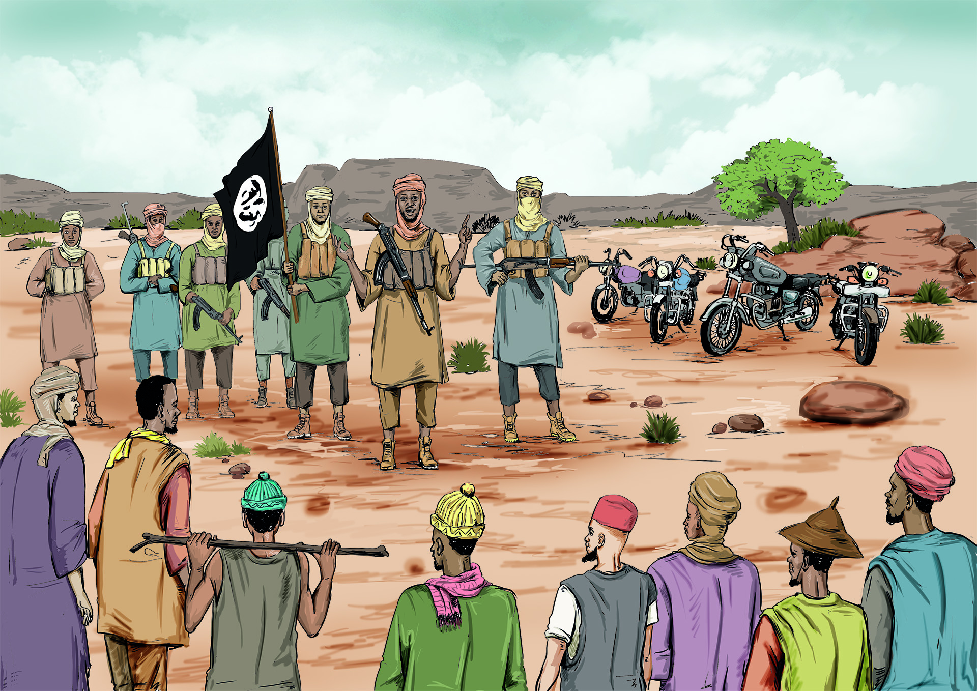 A depiction of a dialogue between jihadists and community leaders in central Mali. Civilians are on the back foot during such talks but have still extracted concessions from militants. (Dramane Diarra/TNH)