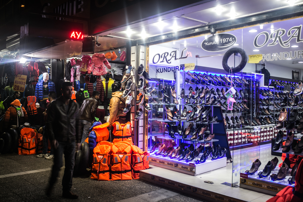 Many shops in Basmane stock lifejackets as a lucrative side-line