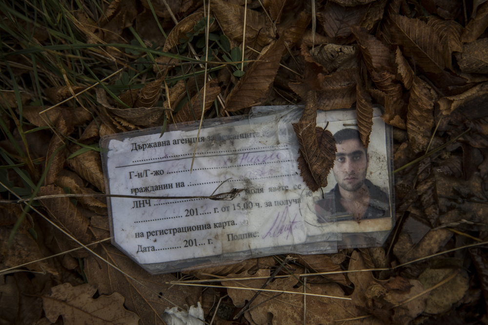 A Bulgarian identification document discarded on one of the paths through the forest that migrants use to cross into Serbia on their way to Western Europe