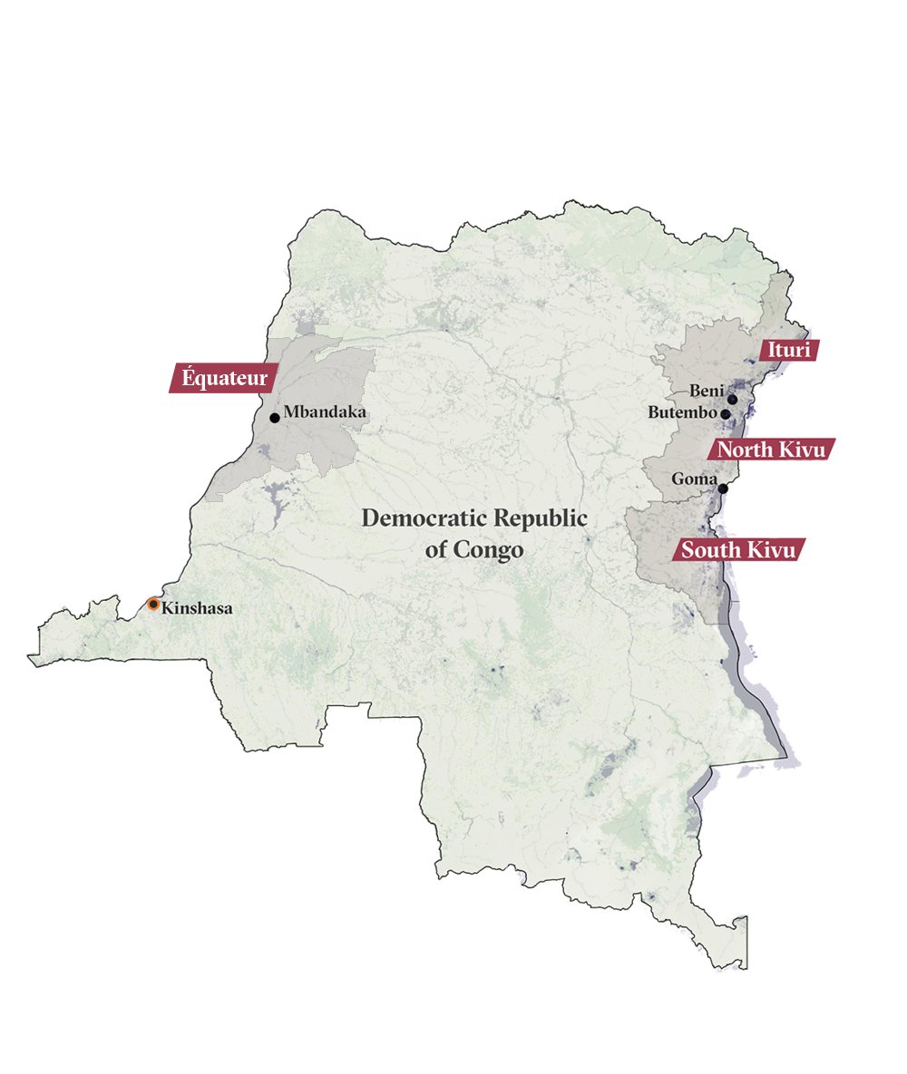 Map of Democratic Republic of Congo (DRC) including Équateur, South Kivu, North Kivu, and Ituri provinces.