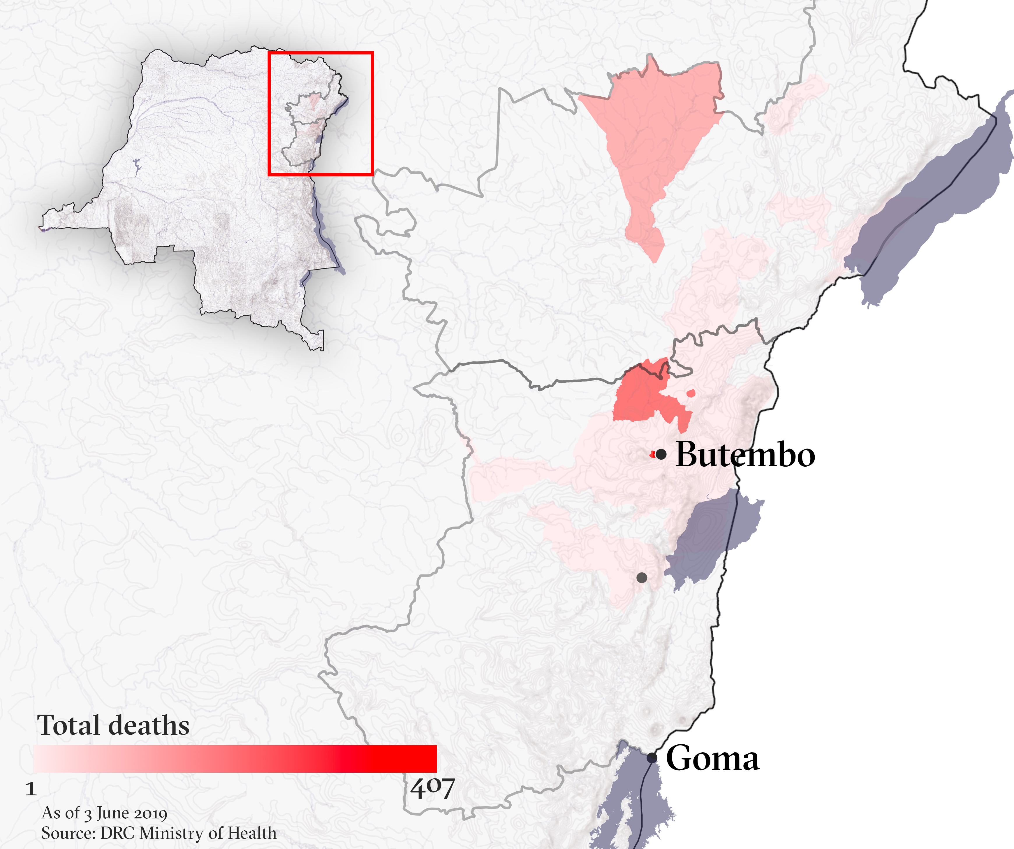 Map of Democratic Republic of Congo (DRC) including North Kivu and Ituri with Ebola outbreak deaths.