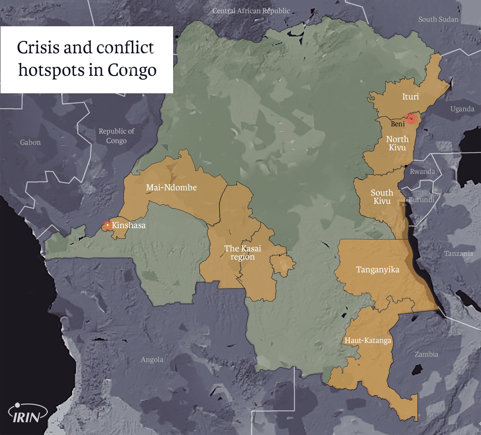 Map of Democratic Republic of Congo showing Ituri, Kivu, Kasai, Kinshasa, and Equateur regions