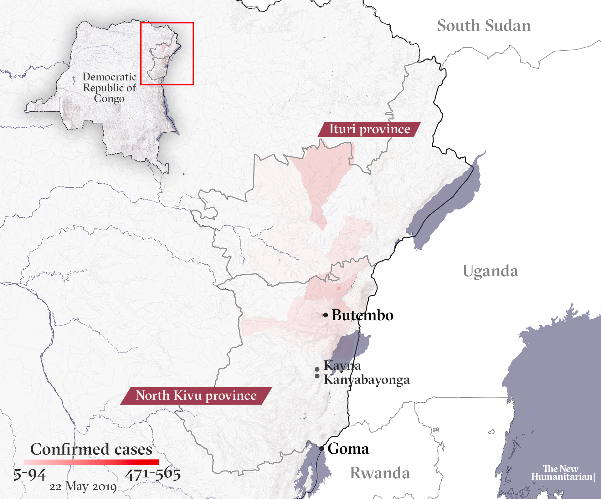 Map of Democratic Republic of Congo showing North Kivu and Ituri provinces with Ebola outbreak and Uganda, South Sudan, and Rwanda as well as Goma and Butembo