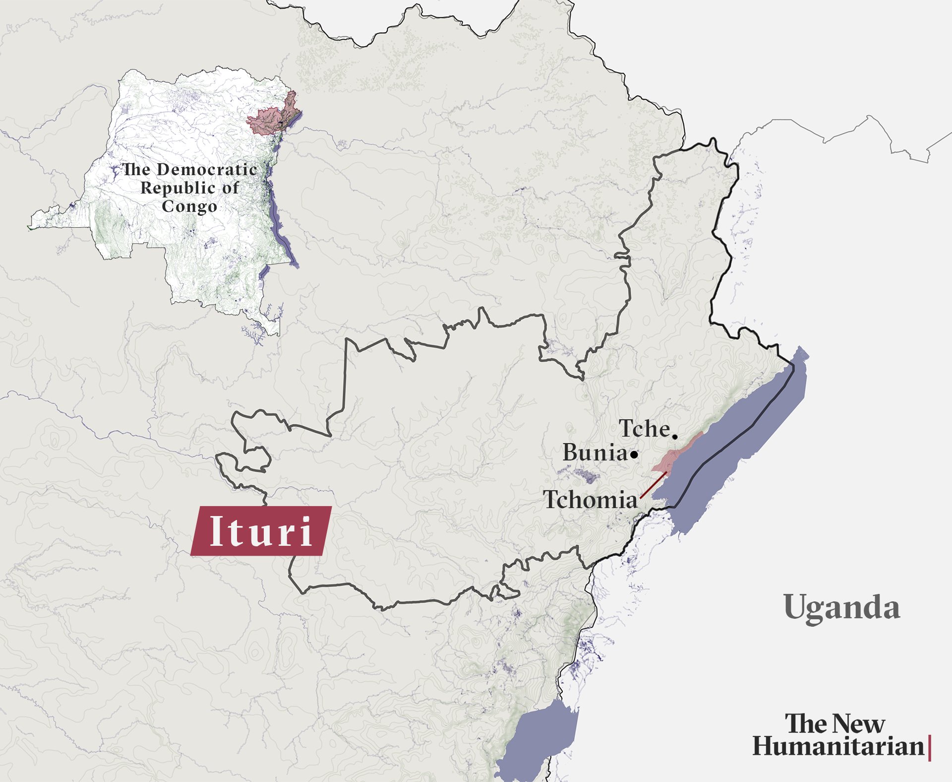 Map of Ituri province of The Democratic Republic of Congo showing Bunia, Tche, and Tchomia.