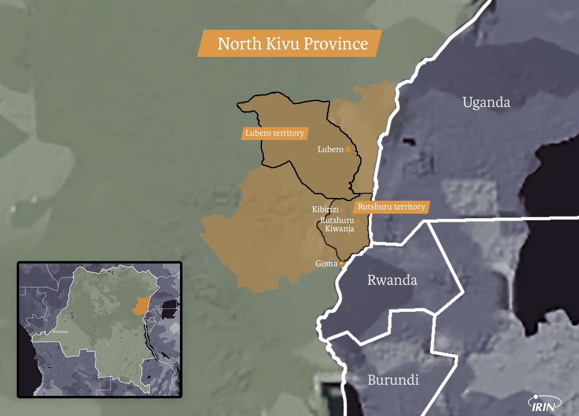 Map of Democratic Republic of Congo's North Kivu Province with Lubero and Rutshuru territories and Kibirizi and Kiwanja towns