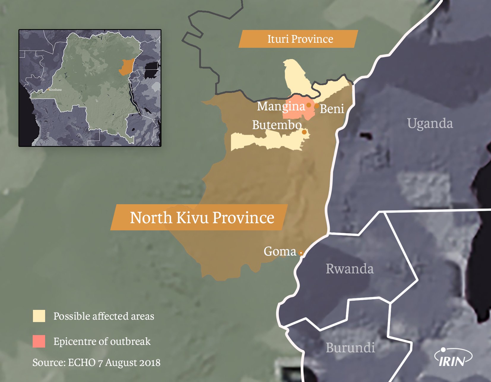 Map of Congo showing North Kivu Province, Ituri Province, Butembo, Beni, Mangina and latest ebola outbreak information as of 7 August 2018