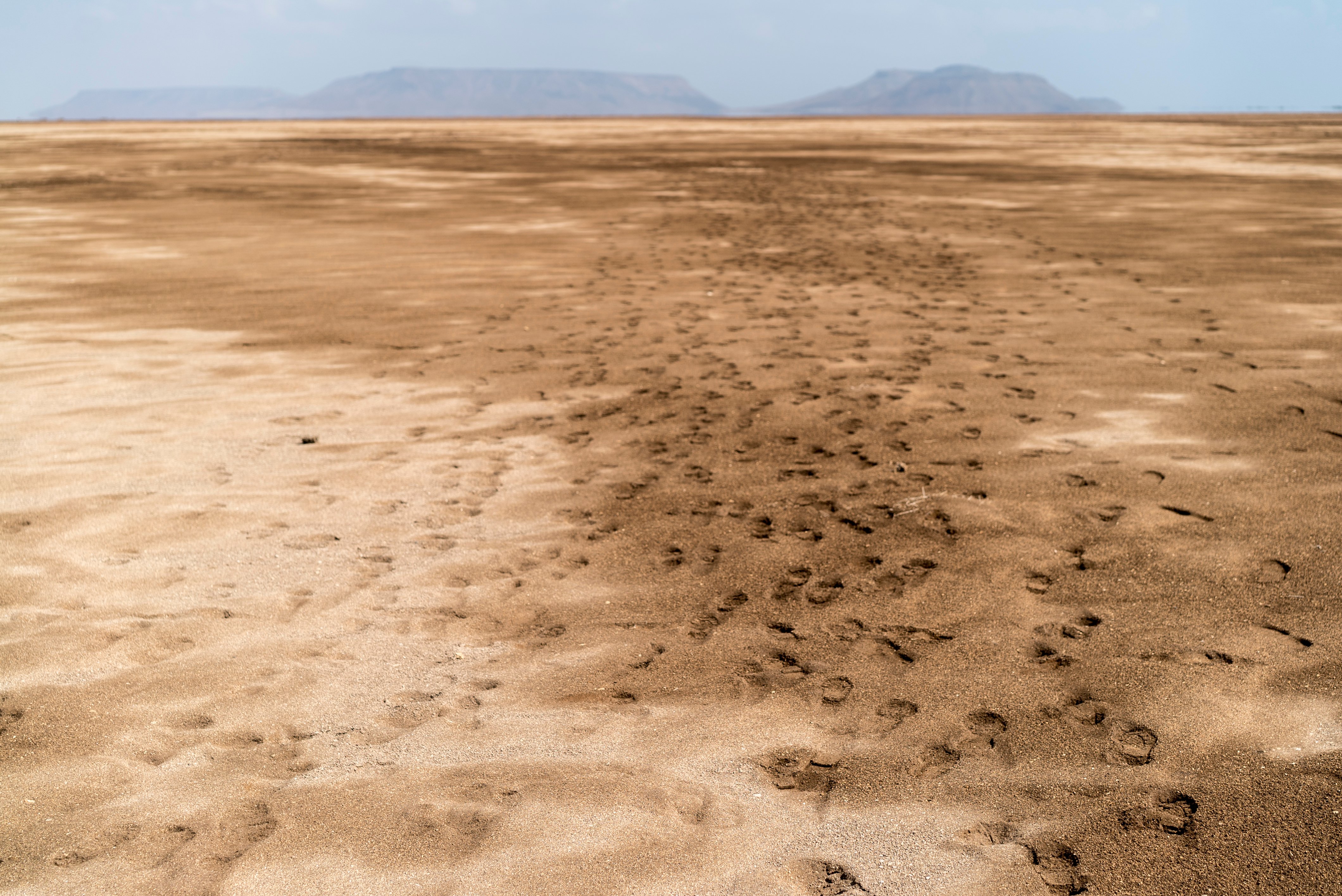 A trail of human footprints that stretches into the horizon marks the spot where hundreds of migrants walk, across the dry desert planes from Obock to Gahere Beach