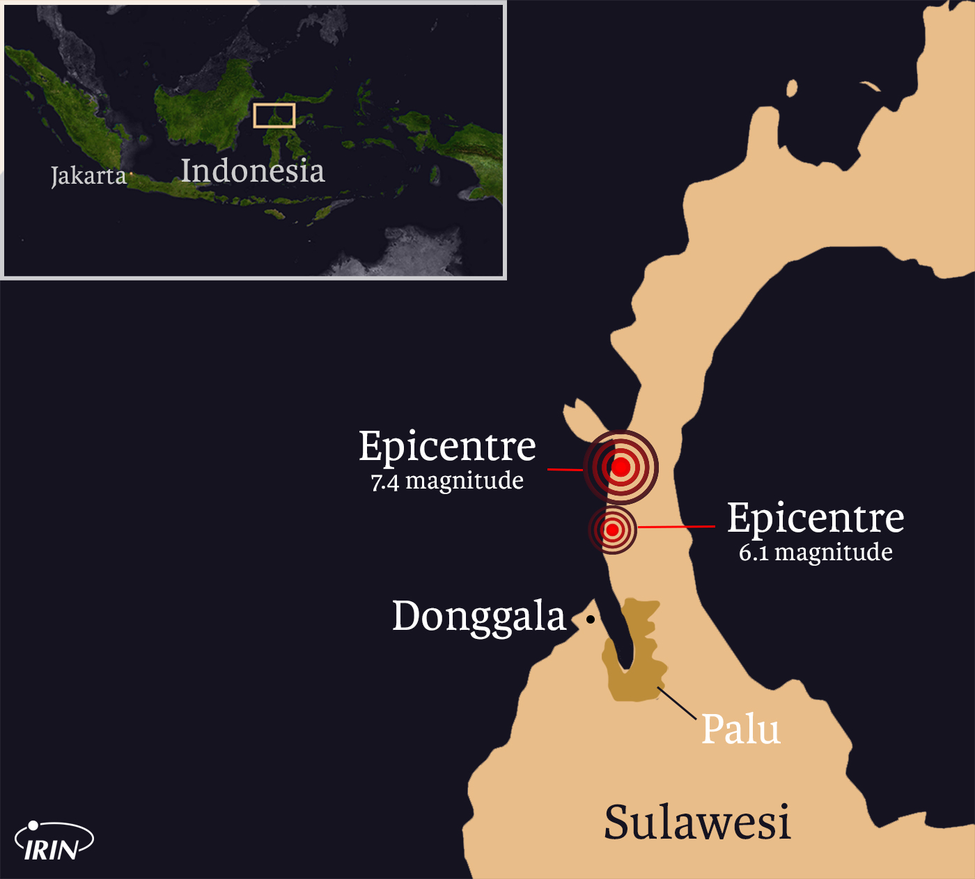 Map of Sulawesi showing epicentres of earthquake