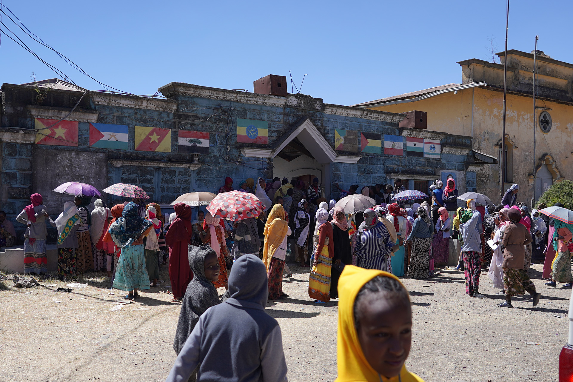 Displaced people outside a school in the Amhara town of Debre Berhan which is 130 kilometres from Addis Ababa, Ethiopia’s capital city. 