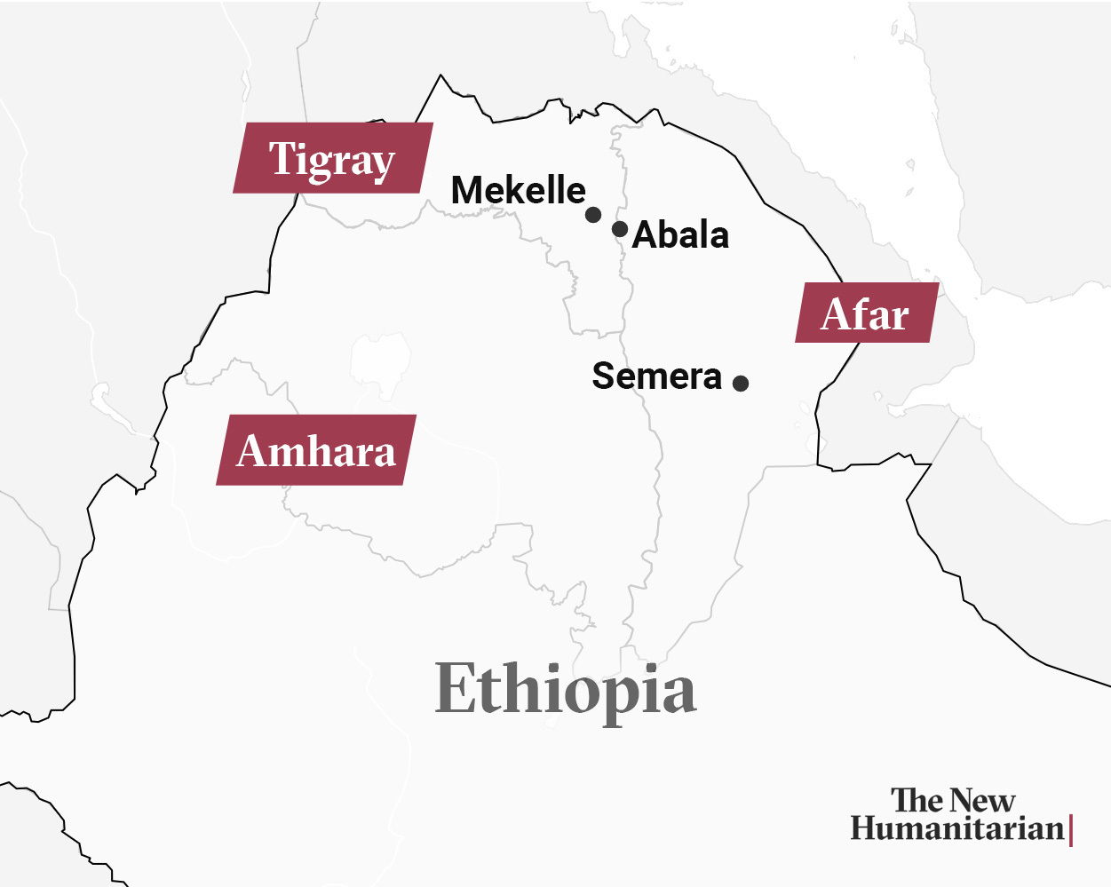 A map shows 3 main regions Amhara,Tigary,Afar in Northern Ethiopia.