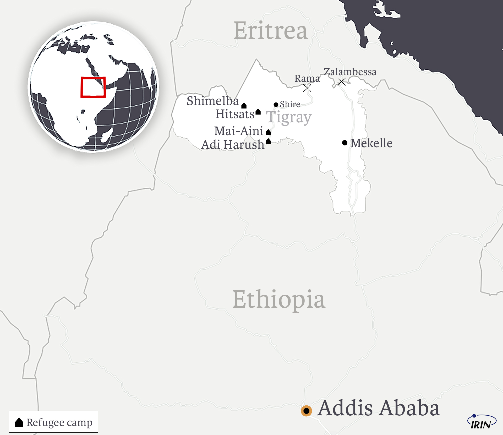 Map of Ethiopia showing Eritrea, Tigray, and refugee camps