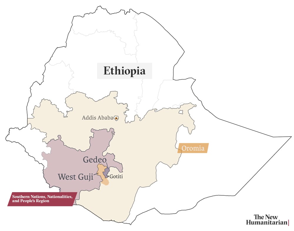 Map showing Ethiopia, Oromia, West Guji, Gedeo, Gotiti