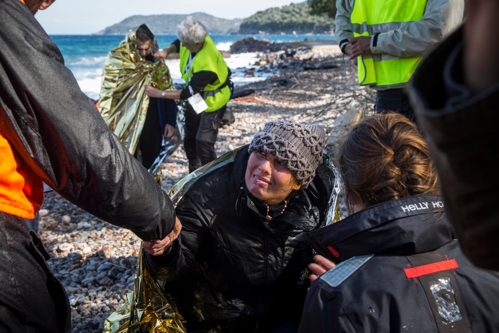 Refugees arriving on the Greek island of Lesvos