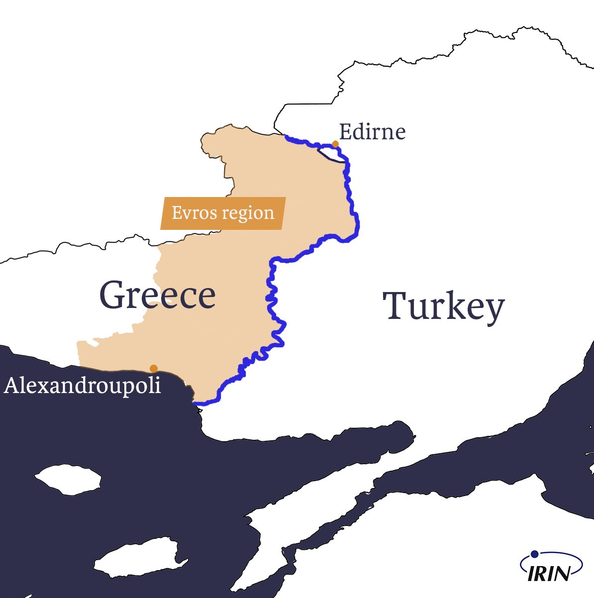 Map of border between Greece and Turkey showing Evros, Meric river, Edirne, and Alexandroupoli